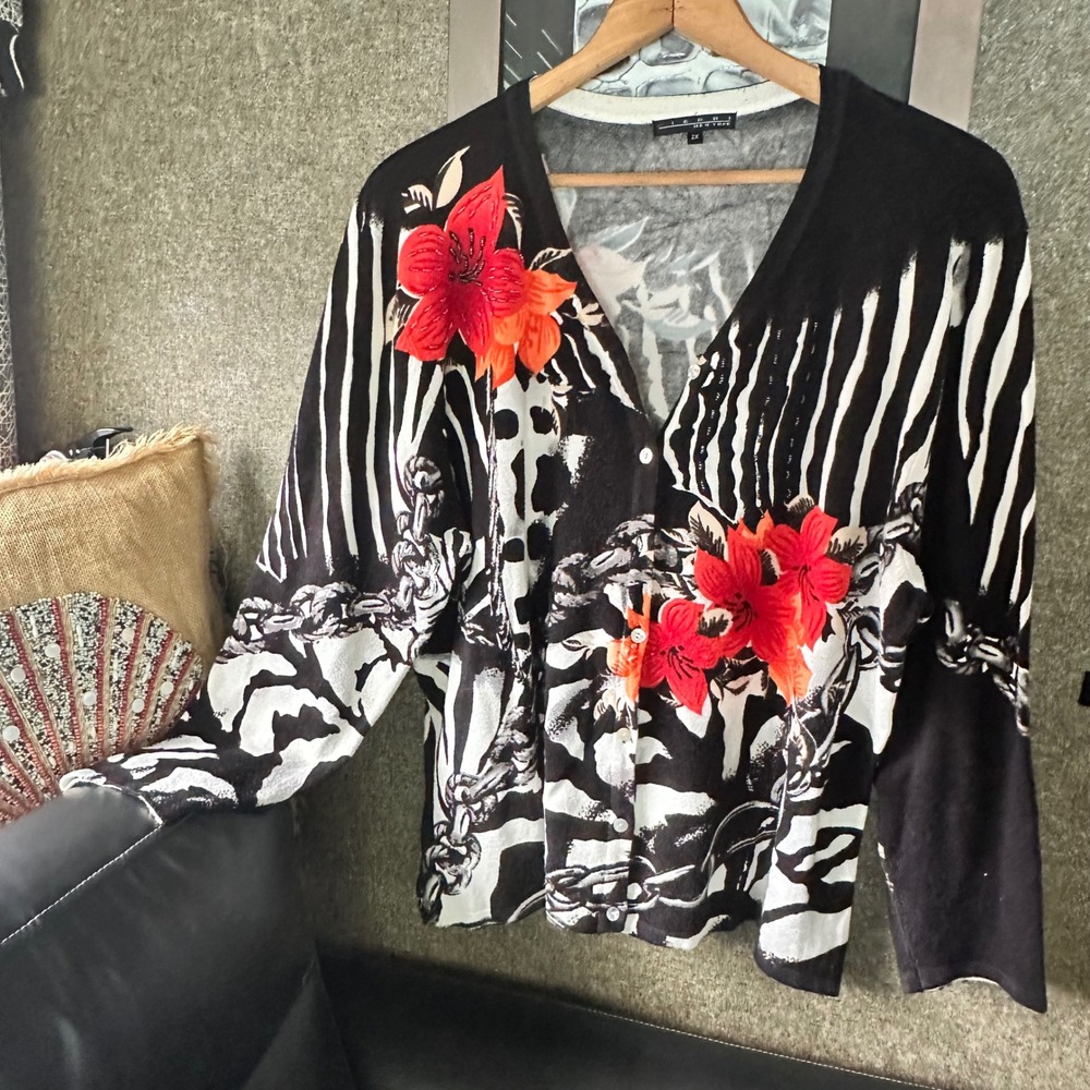 Pierri New York Womens 2X Cardigan Zebra Animal Print Beaded Floral Knit Sweater